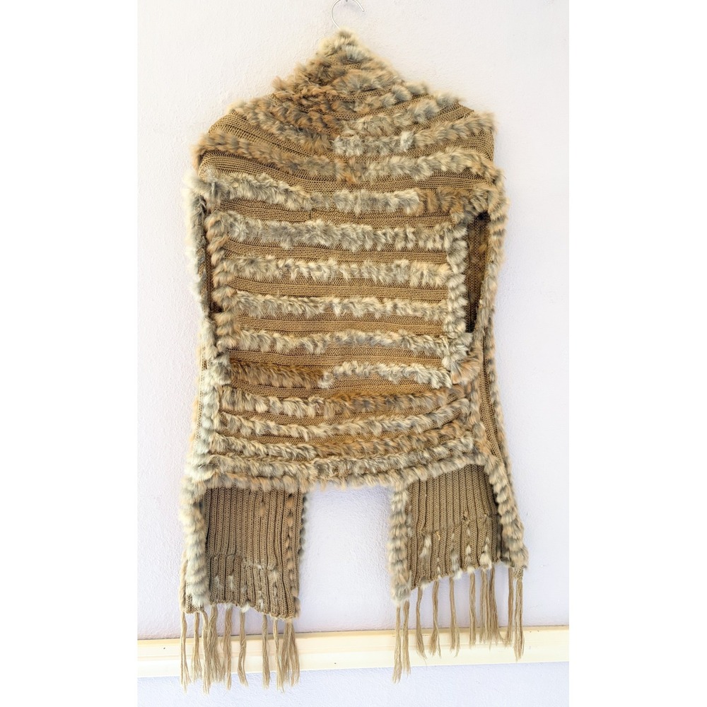 Belle Fare‎ Real Fur Knit Vest Scarf Brown Tan Fringed Pocketed Wrap - Picture 4 of 4